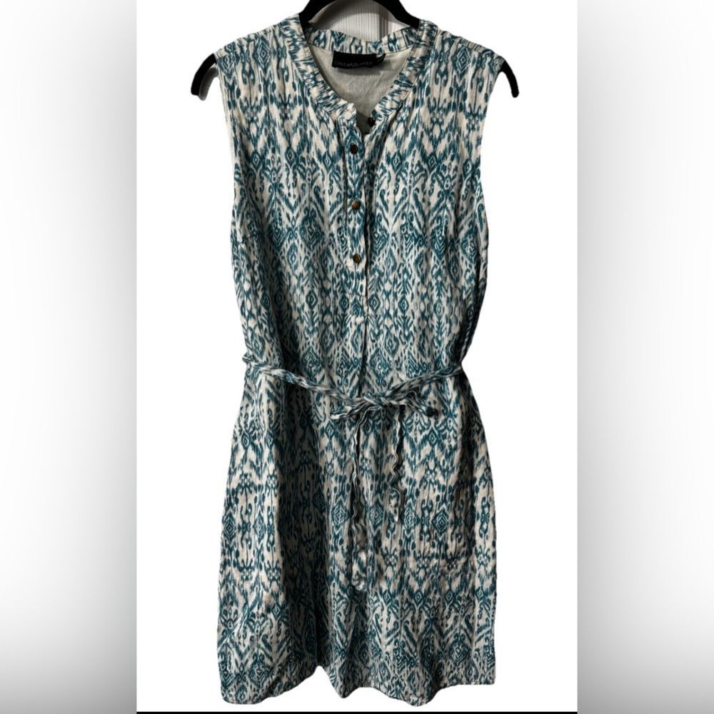 Cynthia ROWLEY turquoise Blue Khaki printed Linen Belted Shirt Dress Sz 12